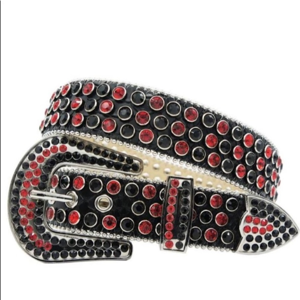 DNA MENS RHINESTONES ALLIGATOR LEATHER BELTS BLACK-RED AND BLACK STONE